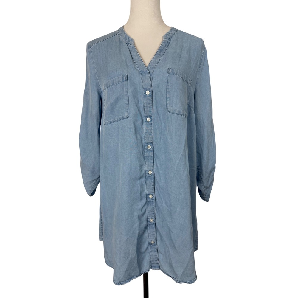 Zac & Rachel Women Lyocell Tunic L Blue Ruched Sleeve Button Down Pocket Top